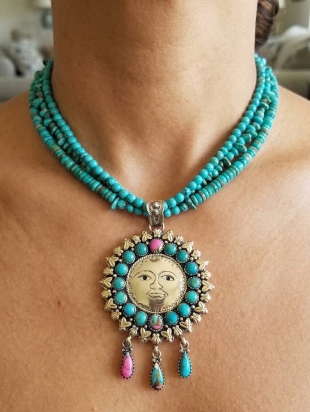 Southwest 925 Sterling Silver Statement Carved Sun Pendant